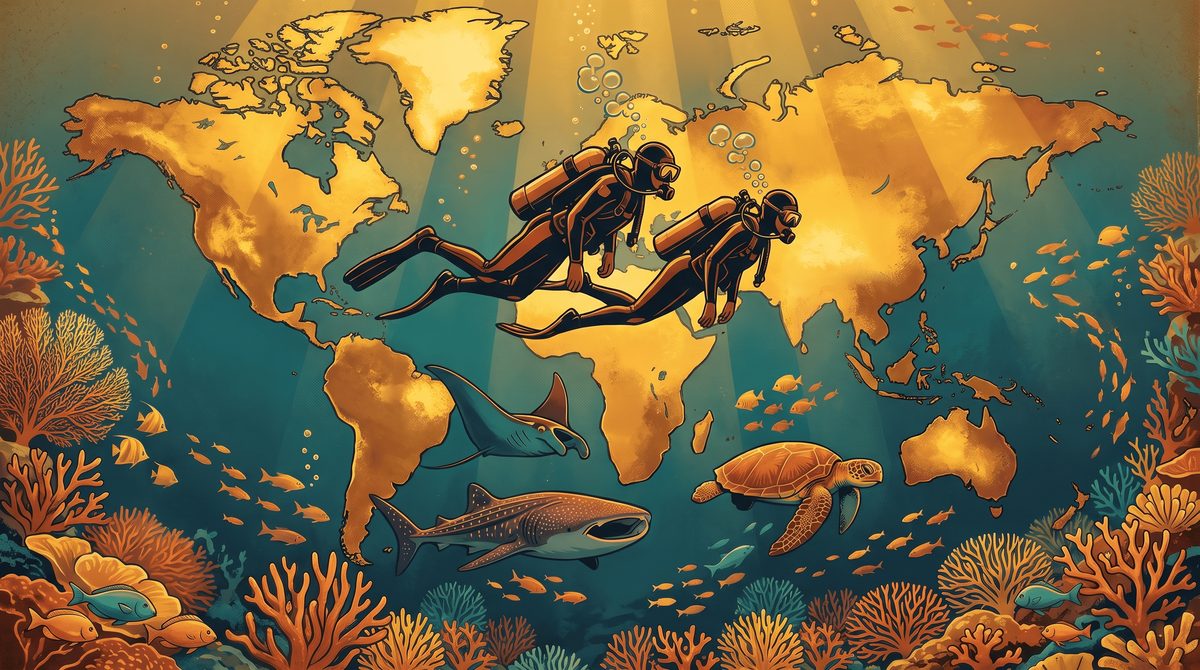 Illustration : deux plongeurs, un requin-baleine, une raie manta et une tortue au-dessus d'une carte du monde sous-marine bordée de coraux.